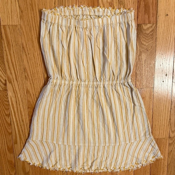 Cloth & Stone Anthropologie Yellow Striped Strapless frayed edge mini Dress Sz S - Picture 2 of 8